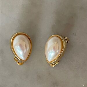 GIVENCHY Gold and Pearl Teardrop Clip On Earrings Vintage